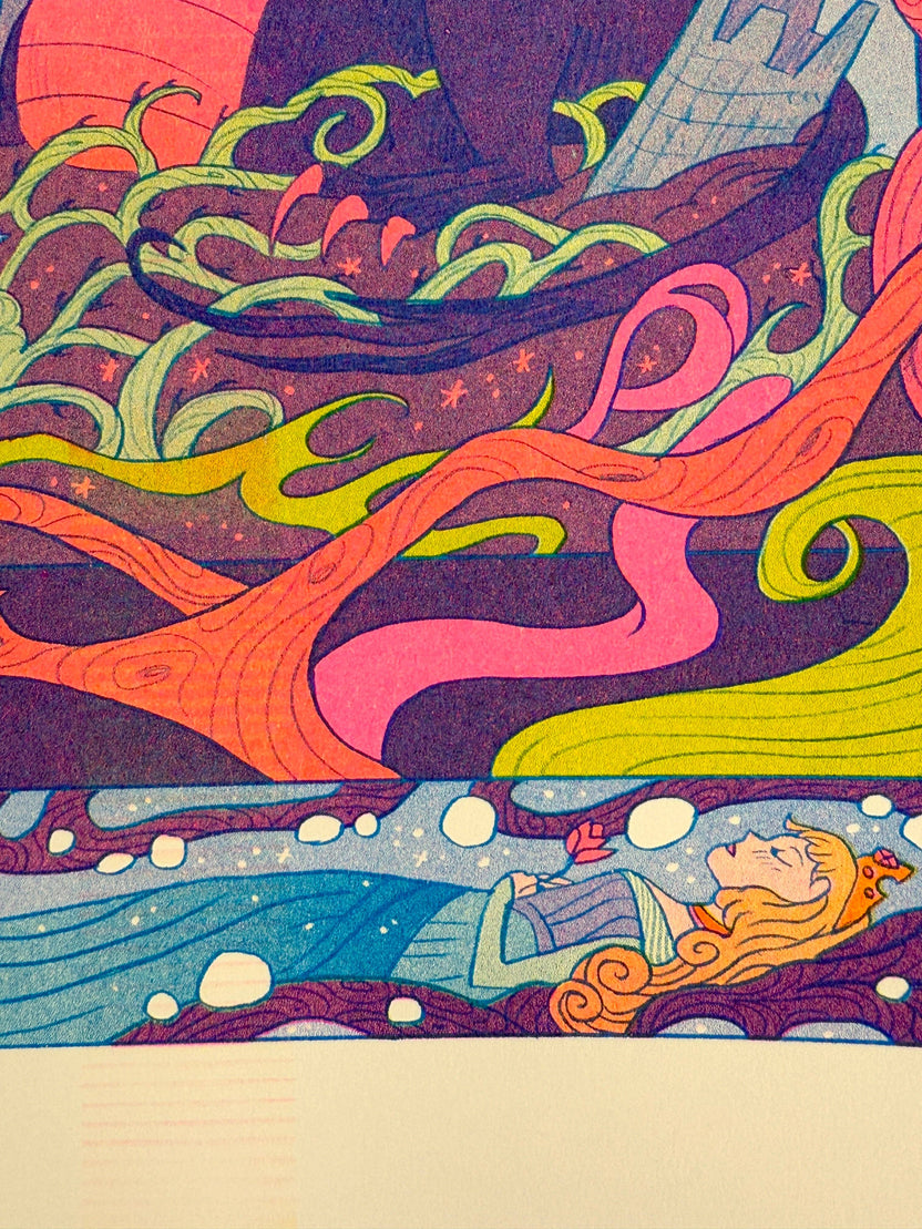 Once Upon a Dream risograph print, Sleeping Beauty art print, Gallery Nucleus exhibition art, Natalie Andrewson riso print, fairytale illustration print, fluorescent pink riso artwork, blue yellow riso print, small riso art, enchanted forest art print, narrative risograph illustration, collectible indie printmaker art, Rogue & Rye fairytale prints.