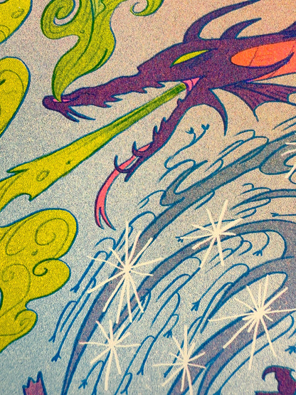 Once Upon a Dream risograph print, Sleeping Beauty art print, Gallery Nucleus exhibition art, Natalie Andrewson riso print, fairytale illustration print, fluorescent pink riso artwork, blue yellow riso print, small riso art, enchanted forest art print, narrative risograph illustration, collectible indie printmaker art, Rogue & Rye fairytale prints.