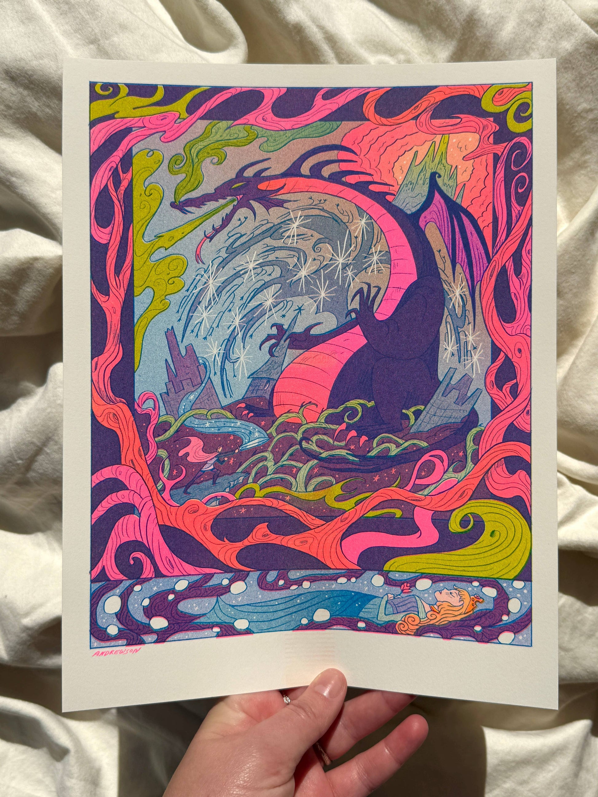 Once Upon a Dream risograph print, Sleeping Beauty art print, Gallery Nucleus exhibition art, Natalie Andrewson riso print, fairytale illustration print, fluorescent pink riso artwork, blue yellow riso print, small riso art, enchanted forest art print, narrative risograph illustration, collectible indie printmaker art, Rogue & Rye fairytale prints.