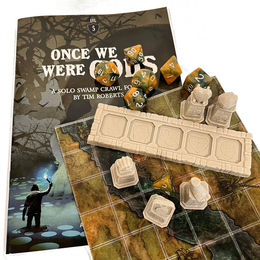 once we were gods solo RPG, 5e solo adventure set, mythic solo TTRPG kit, solo RPG with artifacts, swamp-themed dice RPG, immersive solo 5e game, resin artifact RPG set, deluxe solo roleplaying game, Tim Roberts solo RPG, storytelling grid-based solo game