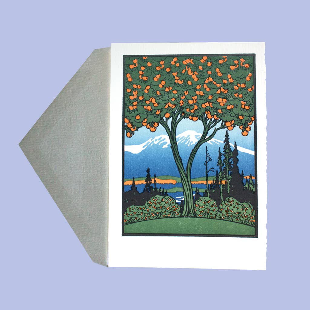 Saturn Press card, autumn letterpress card, orange tree greeting card, harvest stationery, botanical letterpress card, deckle edge paper goods, handmade letterpress card, fall gratitude card, nature illustration card, seasonal blank card, artisan paper goods, fruit tree card, premium greeting card