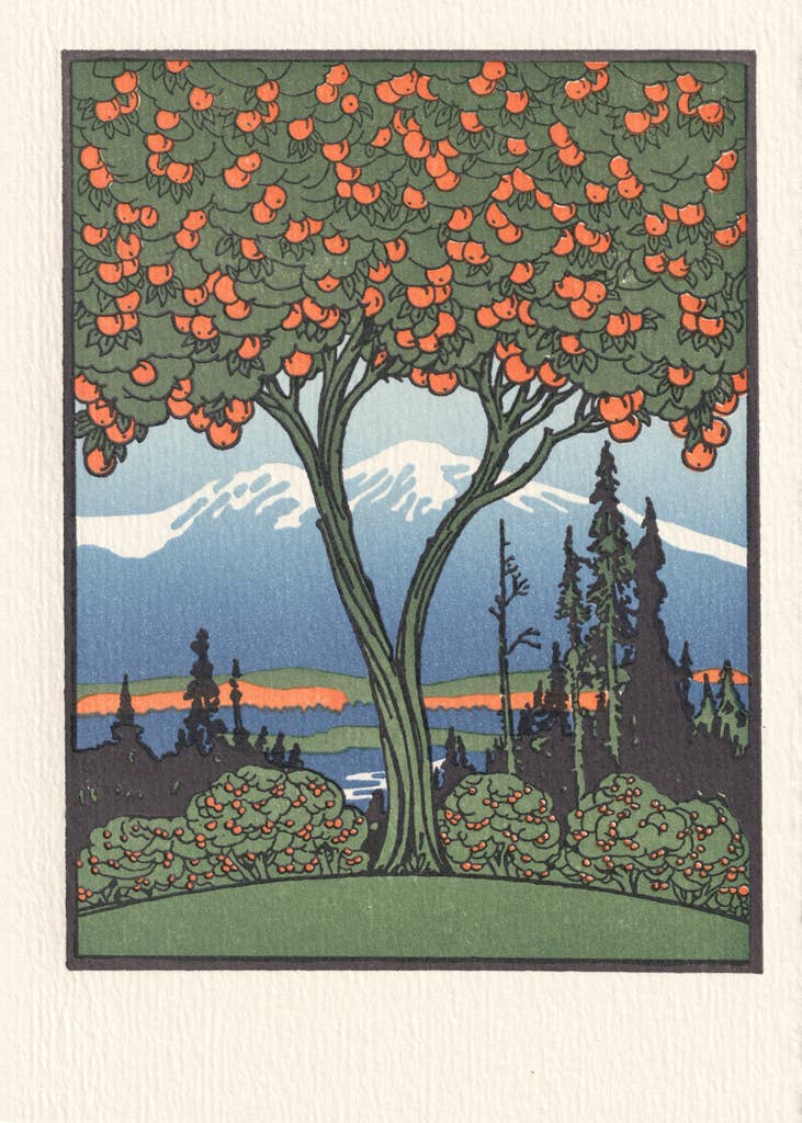 Saturn Press card, autumn letterpress card, orange tree greeting card, harvest stationery, botanical letterpress card, deckle edge paper goods, handmade letterpress card, fall gratitude card, nature illustration card, seasonal blank card, artisan paper goods, fruit tree card, premium greeting card