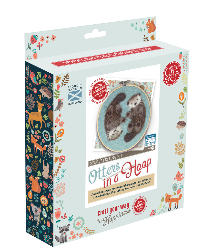 otters needle felting kit, otters in a hoop craft kit, painting with wool otters, beginner needle felting project, diy wool animal art, corriedale wool felting kit, 2d felting kit with hoop, otter wall art craft kit, crafty kit company otters, wool felt otter kit, felt animal couple project, scottish felting kits, embroidery hoop felt animals, felt otter gift idea, eco-friendly craft kit