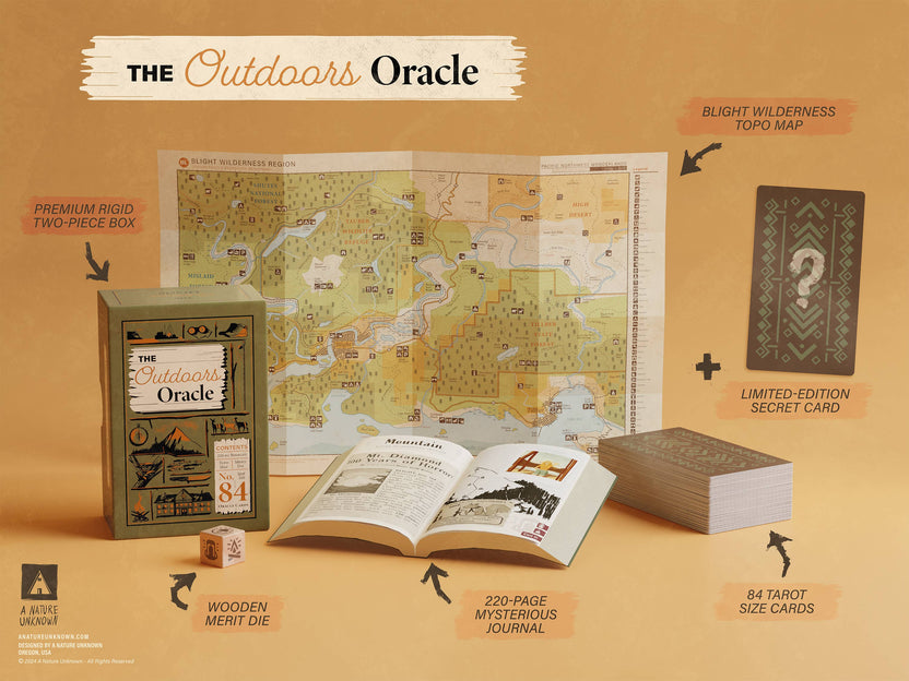 Outdoors Oracle deck, nature oracle cards, storytelling oracle deck, introspection card deck, Portland illustrators, A Nature Unknown, narrative journal deck, wilderness oracle, unique gift for nature lovers, indie oracle deck, Oregon makers