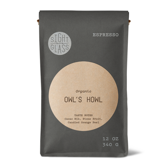 Owl's Howl Organic Espresso by Sightglass Coffee featuring cacao nib, stone fruit, and candied orange peel tasting notes in a medium-dark roast