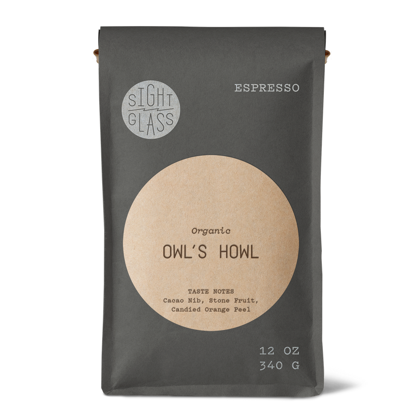 Owl's Howl Organic Espresso by Sightglass Coffee featuring cacao nib, stone fruit, and candied orange peel tasting notes in a medium-dark roast