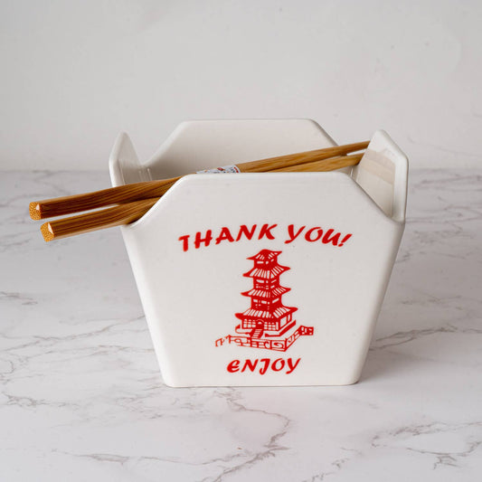 pagoda takeout box bowl, ceramic ramen bowl with chopsticks, reusable takeout container bowl, Urban Tokyo pagoda bowl, Japanese-style noodle bowl, microwave safe ceramic bowl, dishwasher safe takeout bowl, fun kitchen gift, Asian-inspired dinnerware, noodle bowl with chopstick holder, Rogue & Rye kitchen and home collection, ceramic takeout design, red pagoda bowl gift.