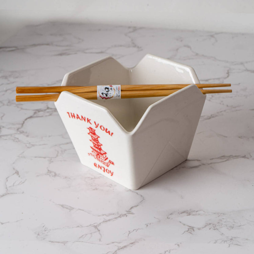 pagoda takeout box bowl, ceramic ramen bowl with chopsticks, reusable takeout container bowl, Urban Tokyo pagoda bowl, Japanese-style noodle bowl, microwave safe ceramic bowl, dishwasher safe takeout bowl, fun kitchen gift, Asian-inspired dinnerware, noodle bowl with chopstick holder, Rogue & Rye kitchen and home collection, ceramic takeout design, red pagoda bowl gift.
