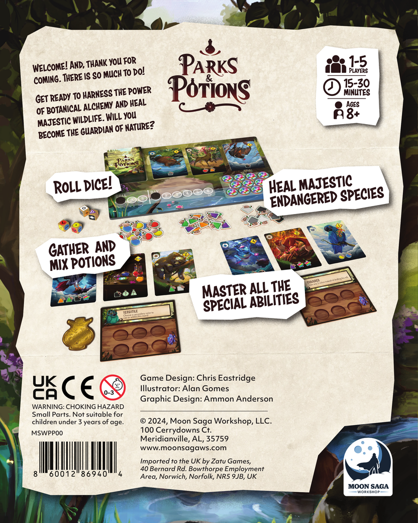 Parks and Potions game, Parks & Potions board game, potion crafting dice game, park ranger board game, nature themed board game, animal healing board game, botanical alchemy game, roll and write style game, dice game for families, family board game ages 8 and up, 1 to 5 player board game, solo friendly board game, 15 to 30 minute board game, quick strategy board game, cozy tabletop game, wildlife rescue board game, biomes animal game, light strategy family game, tabletop game gift, nature lover board game, 