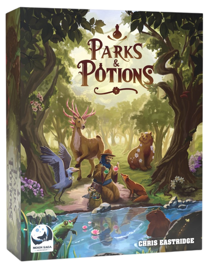 Parks and Potions game, Parks & Potions board game, potion crafting dice game, park ranger board game, nature themed board game, animal healing board game, botanical alchemy game, roll and write style game, dice game for families, family board game ages 8 and up, 1 to 5 player board game, solo friendly board game, 15 to 30 minute board game, quick strategy board game, cozy tabletop game, wildlife rescue board game, biomes animal game, light strategy family game, tabletop game gift, nature lover board game, 