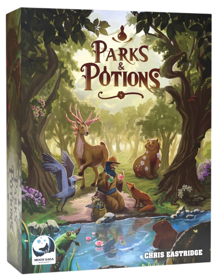 Parks and Potions game, Parks & Potions board game, potion crafting dice game, park ranger board game, nature themed board game, animal healing board game, botanical alchemy game, roll and write style game, dice game for families, family board game ages 8 and up, 1 to 5 player board game, solo friendly board game, 15 to 30 minute board game, quick strategy board game, cozy tabletop game, wildlife rescue board game, biomes animal game, light strategy family game, tabletop game gift, nature lover board game, 