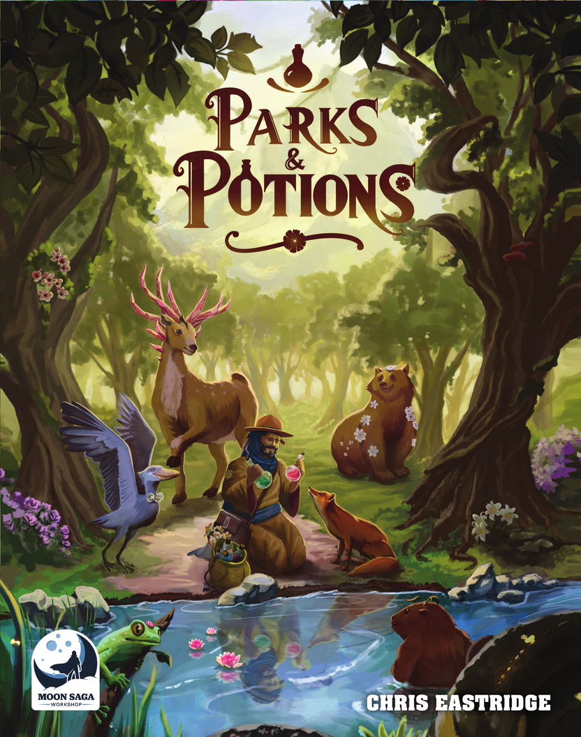 Parks and Potions game, Parks & Potions board game, potion crafting dice game, park ranger board game, nature themed board game, animal healing board game, botanical alchemy game, roll and write style game, dice game for families, family board game ages 8 and up, 1 to 5 player board game, solo friendly board game, 15 to 30 minute board game, quick strategy board game, cozy tabletop game, wildlife rescue board game, biomes animal game, light strategy family game, tabletop game gift, nature lover board game, 
