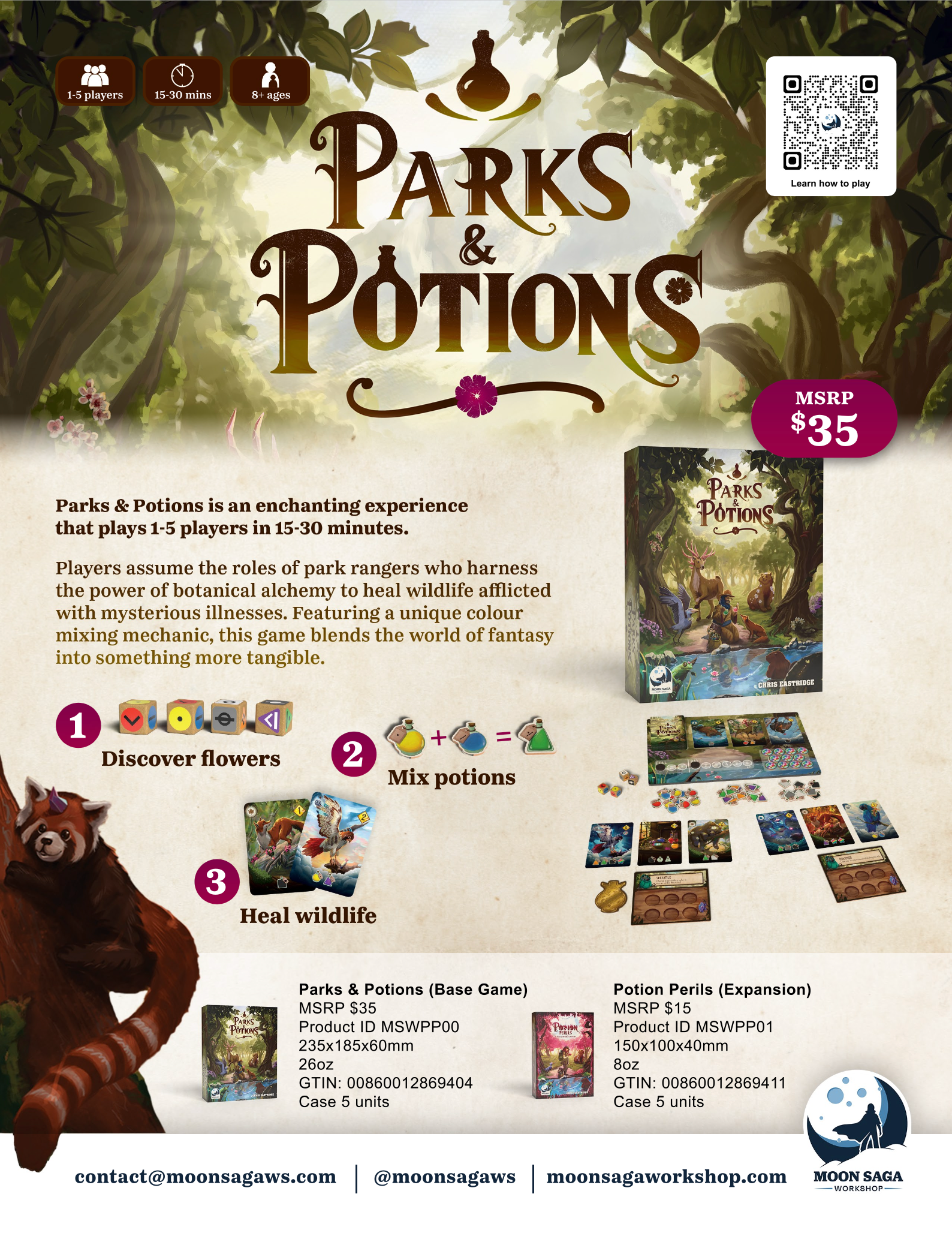 Parks and Potions game, Parks & Potions board game, potion crafting dice game, park ranger board game, nature themed board game, animal healing board game, botanical alchemy game, roll and write style game, dice game for families, family board game ages 8 and up, 1 to 5 player board game, solo friendly board game, 15 to 30 minute board game, quick strategy board game, cozy tabletop game, wildlife rescue board game, biomes animal game, light strategy family game, tabletop game gift, nature lover board game, 