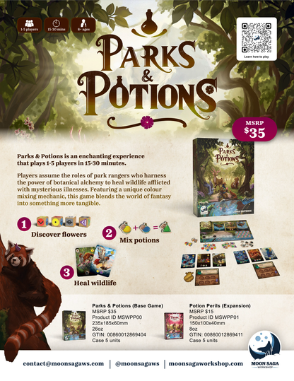Parks and Potions game, Parks & Potions board game, potion crafting dice game, park ranger board game, nature themed board game, animal healing board game, botanical alchemy game, roll and write style game, dice game for families, family board game ages 8 and up, 1 to 5 player board game, solo friendly board game, 15 to 30 minute board game, quick strategy board game, cozy tabletop game, wildlife rescue board game, biomes animal game, light strategy family game, tabletop game gift, nature lover board game, 