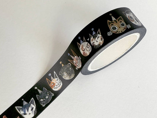 party cats washi tape, cat washi tape, shelley couvillion washi, cute animal tape, decorative craft tape, 15mm washi tape, party cat stationery, cat themed journaling tape, kawaii washi roll, planner and scrapbooking supplies