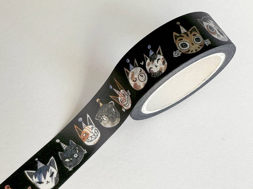 party cats washi tape, cat washi tape, shelley couvillion washi, cute animal tape, decorative craft tape, 15mm washi tape, party cat stationery, cat themed journaling tape, kawaii washi roll, planner and scrapbooking supplies