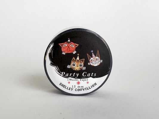 party cats washi tape, cat washi tape, shelley couvillion washi, cute animal tape, decorative craft tape, 15mm washi tape, party cat stationery, cat themed journaling tape, kawaii washi roll, planner and scrapbooking supplies
