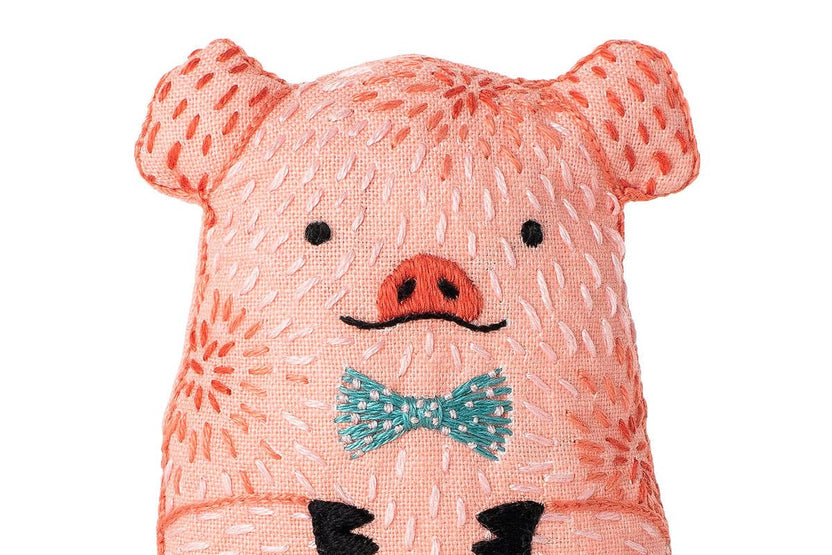 beginner embroidery kit, pig embroidery doll, animal embroidery starter kit, learn hand embroidery, Level 1 embroidery project, Kiriki Press pig, stitched pig plushie, embroidery gift for beginners, pig embroidery pattern, screen printed embroidery kit