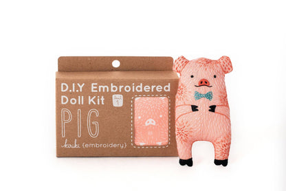 beginner embroidery kit, pig embroidery doll, animal embroidery starter kit, learn hand embroidery, Level 1 embroidery project, Kiriki Press pig, stitched pig plushie, embroidery gift for beginners, pig embroidery pattern, screen printed embroidery kit