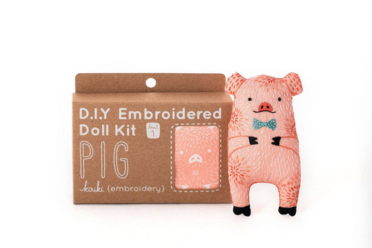 beginner embroidery kit, pig embroidery doll, animal embroidery starter kit, learn hand embroidery, Level 1 embroidery project, Kiriki Press pig, stitched pig plushie, embroidery gift for beginners, pig embroidery pattern, screen printed embroidery kit