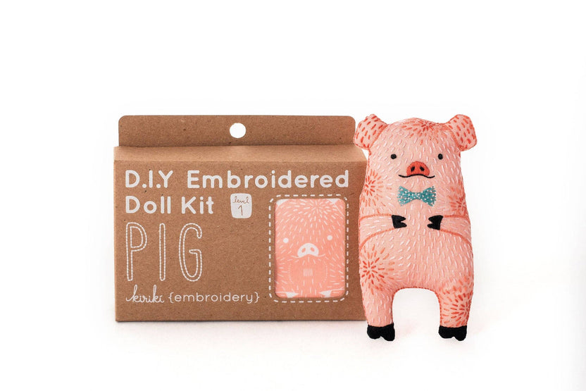 beginner embroidery kit, pig embroidery doll, animal embroidery starter kit, learn hand embroidery, Level 1 embroidery project, Kiriki Press pig, stitched pig plushie, embroidery gift for beginners, pig embroidery pattern, screen printed embroidery kit
