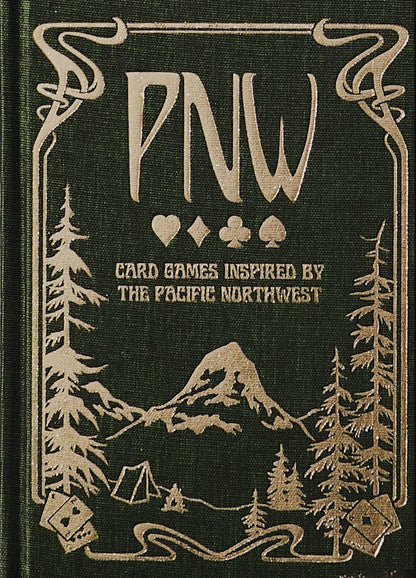 pnw card games book, pacific northwest inspired games, megan wyreweden art, thomas cardwell game designer, nature themed card games, foraging card games, orca salmon mushroom games, coastal forest games, pacific northwest game night, illustrated card game book, camping games with deck of cards, solo and group card games, pnw camping activities, original card games book, pacific northwest gifts, travel