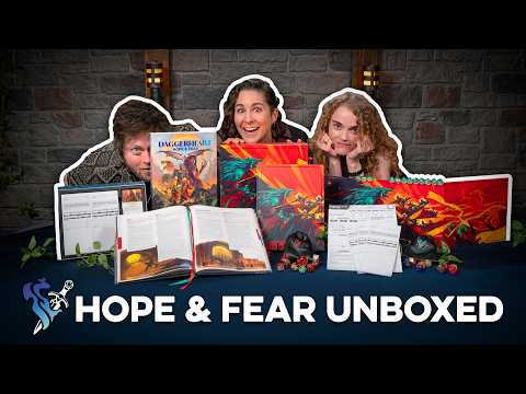 Official Darrington Press unboxing video showcasing the Daggerheart: Hope & Fear Deluxe Edition, including the collector's box, premium accessories, GM screen, dice, cards, and hardcover expansion rulebook.