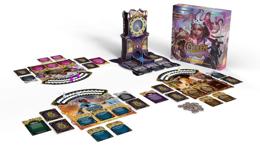 Queen by Midnight game, Critical Role card game, Darrington Press deck builder, battle royale board game, princess battle game, fantasy strategy card game, unique deck-building board game, rotating dice tower game, 3–6 player battle game, midnight court card game, guile and deception board game, tactical fantasy card game, rule by midnight gameplay