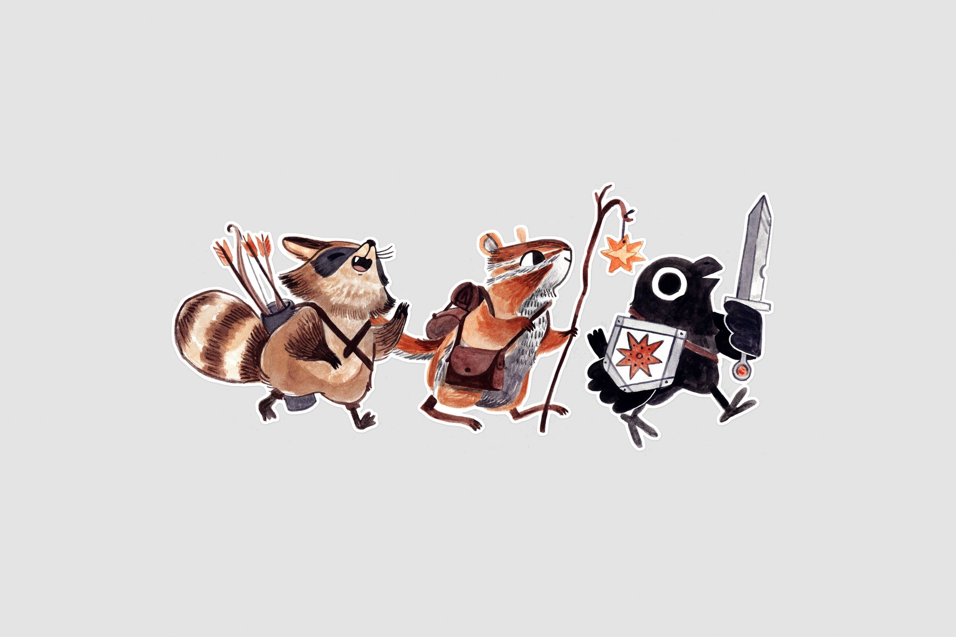 adventuring party animal sticker, raccoon and crow vinyl sticker, dnd animal party sticker, fantasy animal adventurers, chipmunk wizard sticker, rogue raccoon sticker, crow with sword art, waterproof rpg sticker, vinyl dnd character sticker, cute animal adventurers decal