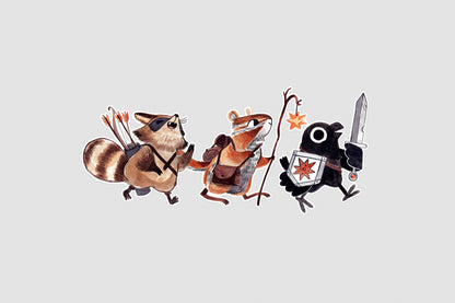 adventuring party animal sticker, raccoon and crow vinyl sticker, dnd animal party sticker, fantasy animal adventurers, chipmunk wizard sticker, rogue raccoon sticker, crow with sword art, waterproof rpg sticker, vinyl dnd character sticker, cute animal adventurers decal