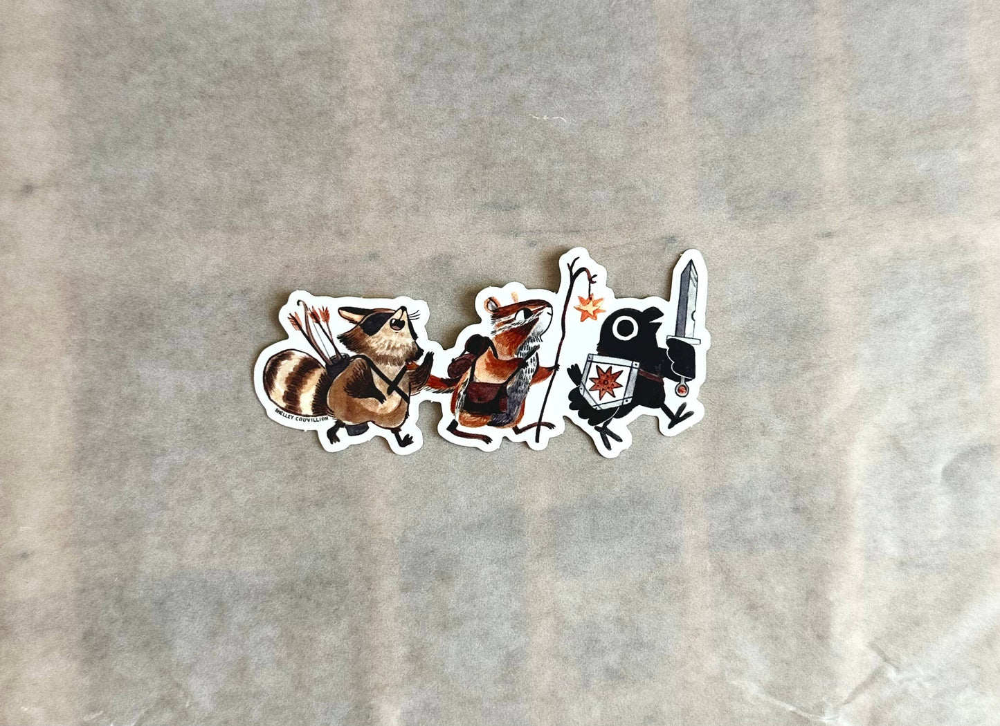 adventuring party animal sticker, raccoon and crow vinyl sticker, dnd animal party sticker, fantasy animal adventurers, chipmunk wizard sticker, rogue raccoon sticker, crow with sword art, waterproof rpg sticker, vinyl dnd character sticker, cute animal adventurers decal
