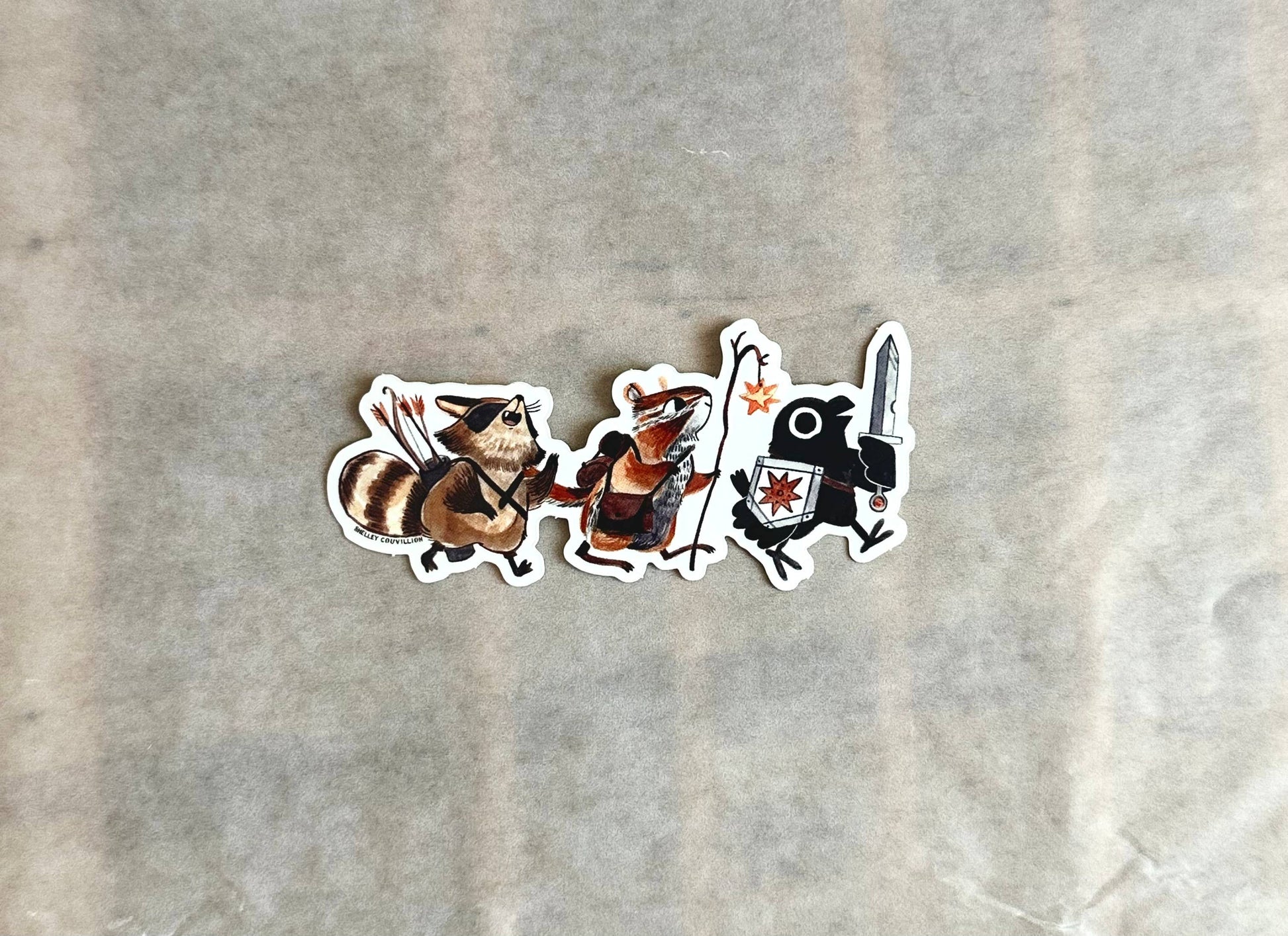 adventuring party animal sticker, raccoon and crow vinyl sticker, dnd animal party sticker, fantasy animal adventurers, chipmunk wizard sticker, rogue raccoon sticker, crow with sword art, waterproof rpg sticker, vinyl dnd character sticker, cute animal adventurers decal