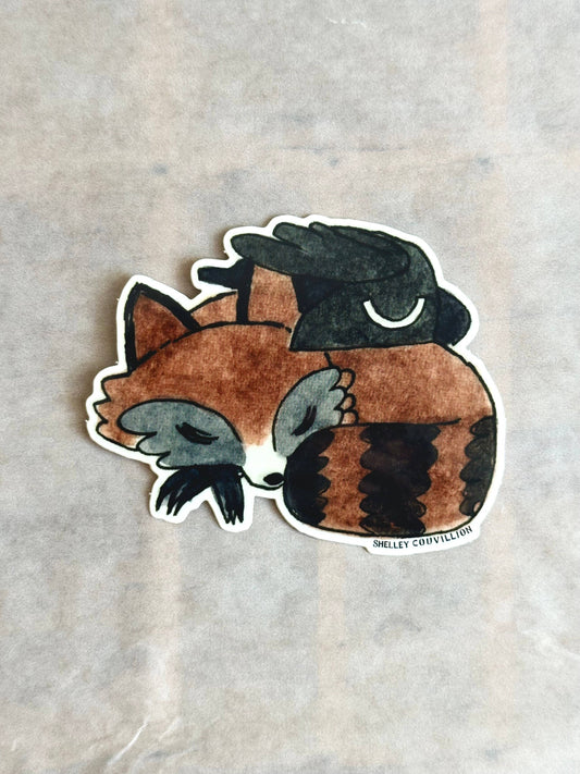 raccoon and crow sticker, dnd animal sticker, chaotic animal vinyl sticker, crow raccoon nap sticker, fantasy creature decal, ttrpg sticker, dungeon master gift, cute chaotic sticker, water bottle laptop sticker, waterproof animal sticker