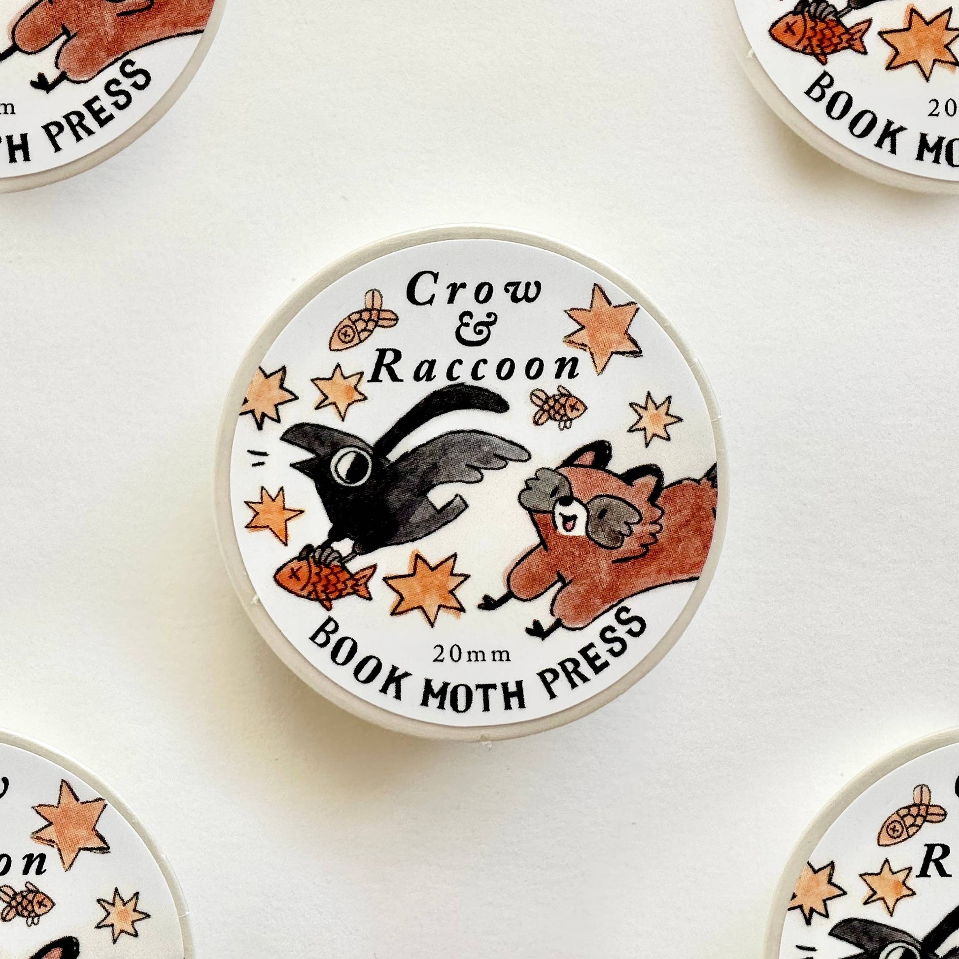 raccoon and crow washi tape, trickster animal washi, raccoon crow stationery tape, cute animal washi tape, 20mm washi tape roll, fantasy washi tape animals, journaling washi tape raccoon, crow craft tape, kawaii raccoon and bird washi, scrapbooking tape animals