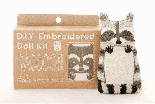 raccoon embroidery kit, advanced embroidery kit, Kiriki Press raccoon, embroidered animal doll kit, level 3 embroidery project, DIY embroidered plushie, raccoon stitch doll, hand embroidery kit for adults, embroidery gift idea, detailed embroidery pattern