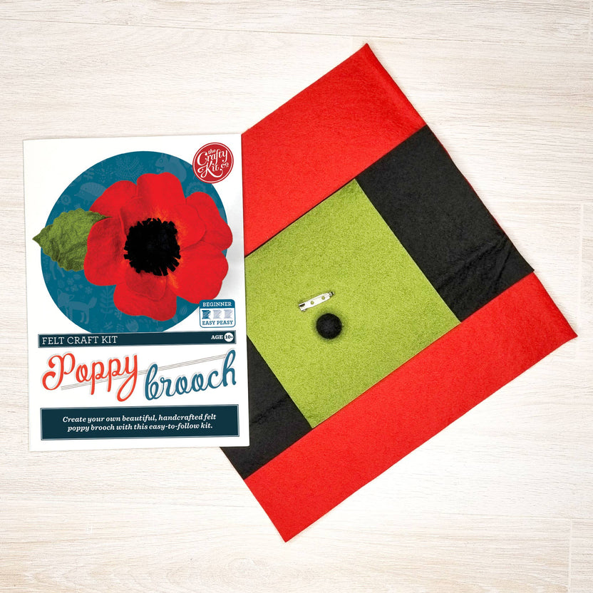 red felt poppy brooch kit, poppy craft kit, remembrance poppy DIY, felt flower making kit, beginner felt brooch project, wool felt poppy pin, diy poppy flower kit, crafty kit company brooch, handmade poppy craft, flower brooch kit for beginners, felt poppy tutorial kit, kids poppy craft age 10+, uk craft kits, scottish felt flower kit, women-owned craft brand