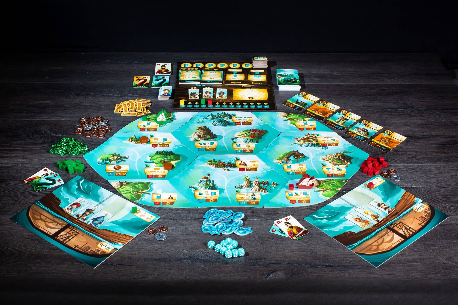 Islebound Emerald Edition, Islebound board game, Red Raven Games Islebound, World of Arzium board game, Ryan Laukat game, sea faring strategy board game, nautical fantasy board game, archipelago board game, pirates and sea monsters board game, trade build invade board game, island town strategy game, capital city building board game, crew hiring board game, emerald resource board game, revised building deck Emerald Edition, 2 to 4 player strategy game, 30 minute strategy board game, fantasy adventure strate