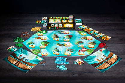 Islebound Emerald Edition, Islebound board game, Red Raven Games Islebound, World of Arzium board game, Ryan Laukat game, sea faring strategy board game, nautical fantasy board game, archipelago board game, pirates and sea monsters board game, trade build invade board game, island town strategy game, capital city building board game, crew hiring board game, emerald resource board game, revised building deck Emerald Edition, 2 to 4 player strategy game, 30 minute strategy board game, fantasy adventure strate