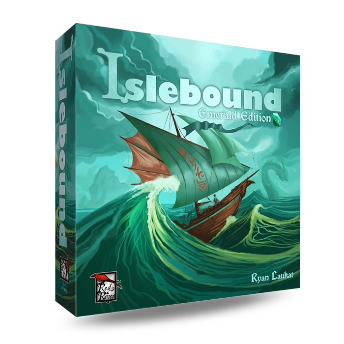 Islebound Emerald Edition, Islebound board game, Red Raven Games Islebound, World of Arzium board game, Ryan Laukat game, sea faring strategy board game, nautical fantasy board game, archipelago board game, pirates and sea monsters board game, trade build invade board game, island town strategy game, capital city building board game, crew hiring board game, emerald resource board game, revised building deck Emerald Edition, 2 to 4 player strategy game, 30 minute strategy board game, fantasy adventure strate