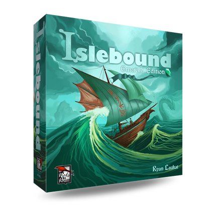 Islebound Emerald Edition, Islebound board game, Red Raven Games Islebound, World of Arzium board game, Ryan Laukat game, sea faring strategy board game, nautical fantasy board game, archipelago board game, pirates and sea monsters board game, trade build invade board game, island town strategy game, capital city building board game, crew hiring board game, emerald resource board game, revised building deck Emerald Edition, 2 to 4 player strategy game, 30 minute strategy board game, fantasy adventure strate