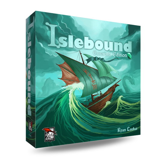 Islebound Emerald Edition, Islebound board game, Red Raven Games Islebound, World of Arzium board game, Ryan Laukat game, sea faring strategy board game, nautical fantasy board game, archipelago board game, pirates and sea monsters board game, trade build invade board game, island town strategy game, capital city building board game, crew hiring board game, emerald resource board game, revised building deck Emerald Edition, 2 to 4 player strategy game, 30 minute strategy board game, fantasy adventure strate