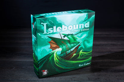 Islebound Emerald Edition, Islebound board game, Red Raven Games Islebound, World of Arzium board game, Ryan Laukat game, sea faring strategy board game, nautical fantasy board game, archipelago board game, pirates and sea monsters board game, trade build invade board game, island town strategy game, capital city building board game, crew hiring board game, emerald resource board game, revised building deck Emerald Edition, 2 to 4 player strategy game, 30 minute strategy board game, fantasy adventure strate