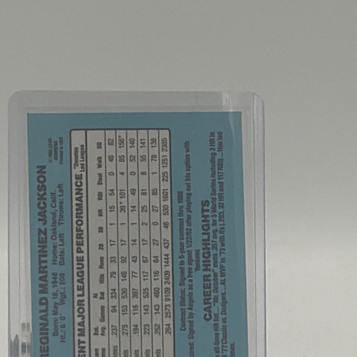 Back detail of Reggie Jackson 1986 Donruss #377 baseball card