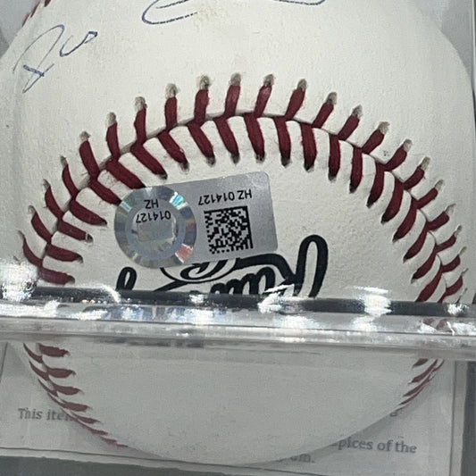 Close-up of the MLB authentication hologram affixed to a Robinson Canó autographed baseball.
