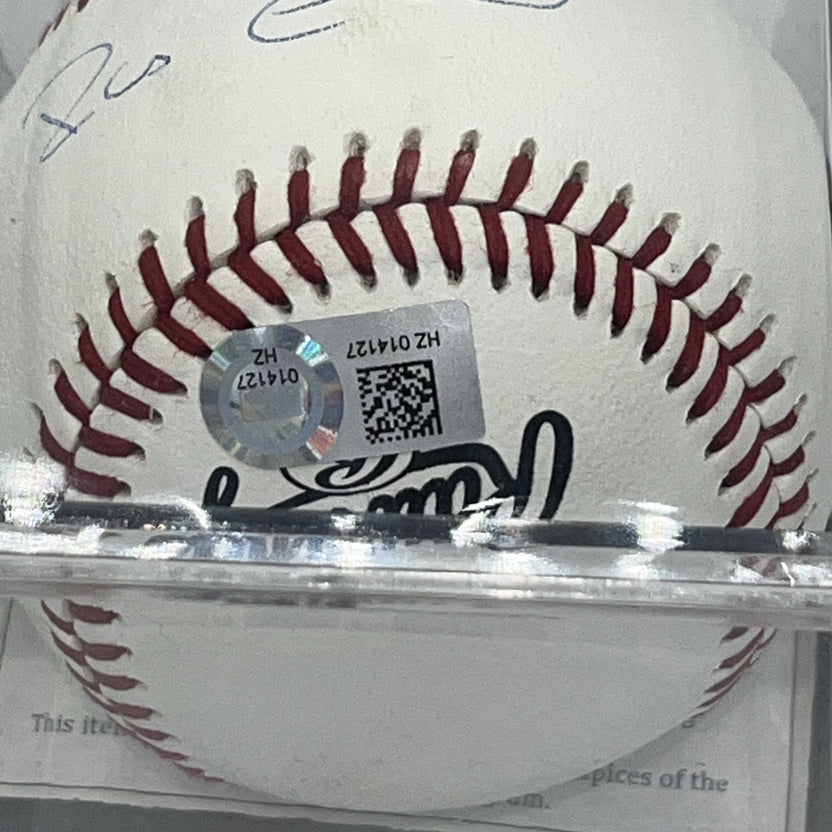 Close-up of the MLB authentication hologram affixed to a Robinson Canó autographed baseball.