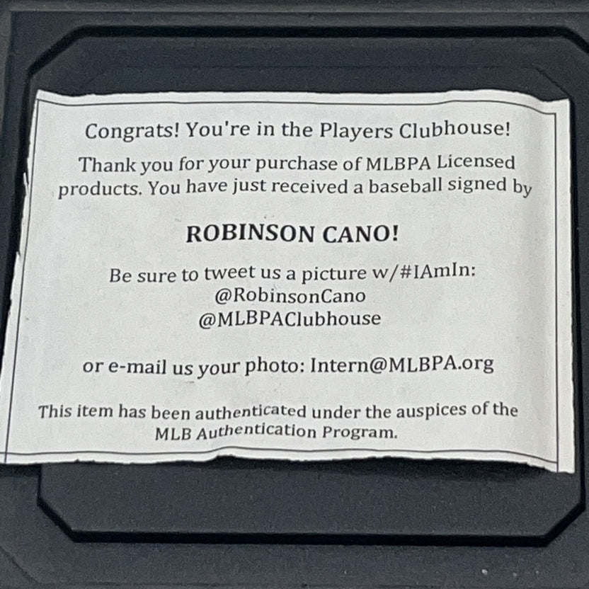 MLB Players Clubhouse certificate accompanying a Robinson Canó autographed baseball.