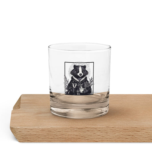 the cleric rocks glass, rogue and rye drinkware, healer themed whiskey glass, fantasy cocktail glass, dnd cleric barware, skunk character glass, calming ritual drink glass, fantasy rpg rocks glass, tabletop roleplaying drinkware, gin and tonic glassware, rosemary cocktail glass, fantasy inspired barware, cleric character gift, peaceful drinking glass, nerdy rpg glass gift