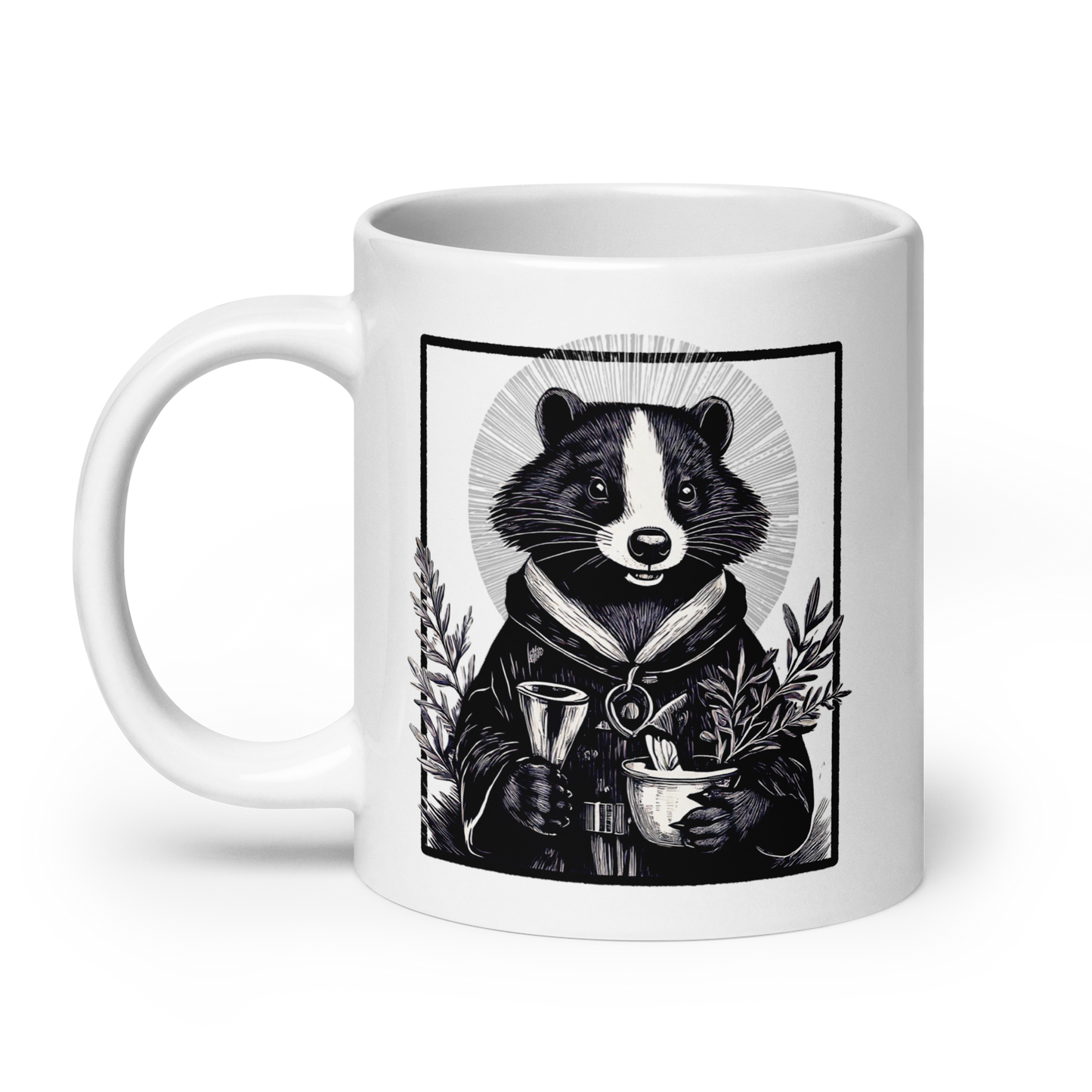cleric skunk mug, Rogue & Rye cleric coffee mug, healing magic mug, dnd cleric gift, fantasy ceramic mug, tabletop rpg drinkware, skunk character mug, dishwasher safe dnd mug, microwave safe cleric mug, rpg coffee cup