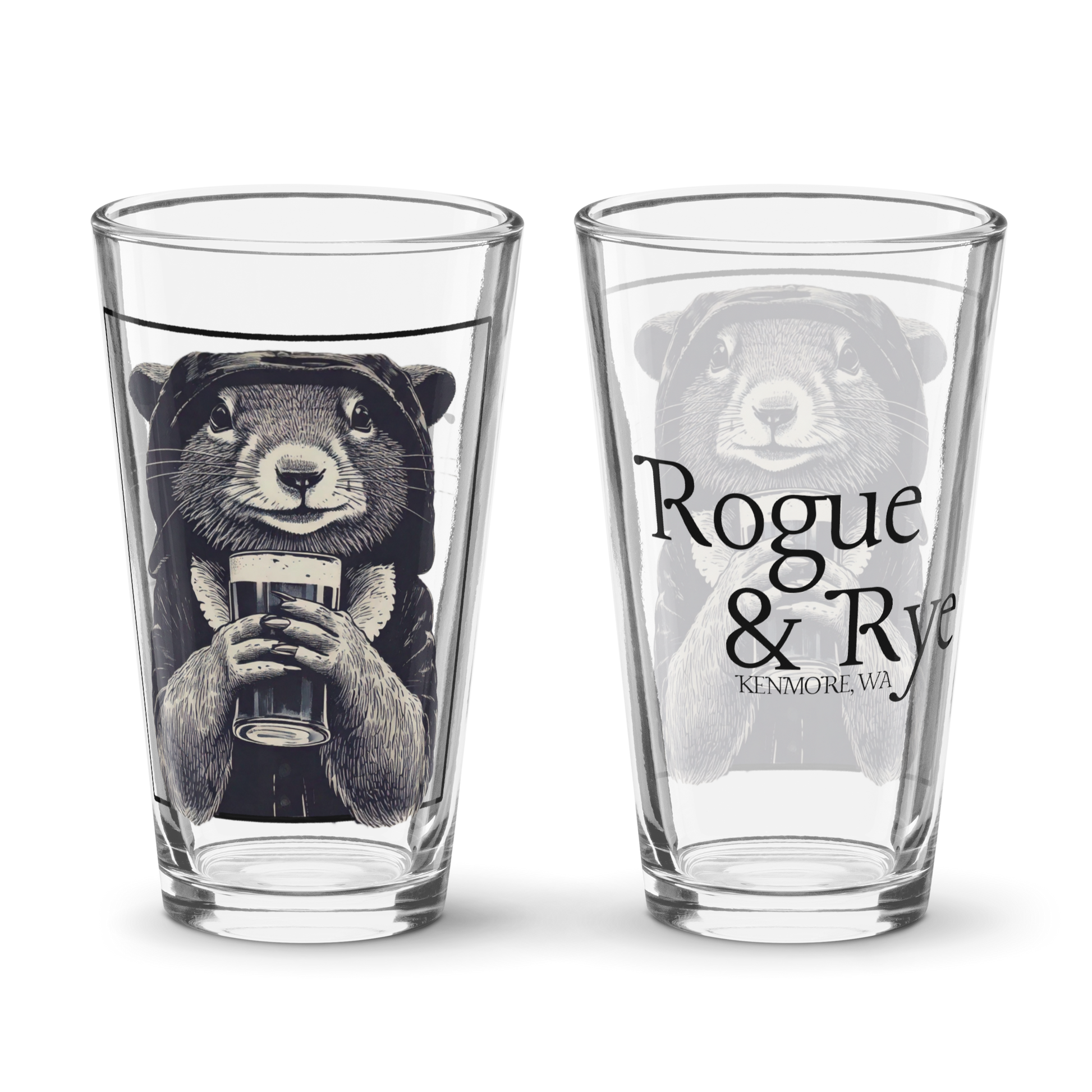 rogue pint glass, RPG pint glass, D&D rogue drinkware, Rogue & Rye barware, fantasy shaker glass, tabletop gaming glassware, 16 oz rogue glass, squirrel rogue glass, gamer pint glass, mischief drinkware