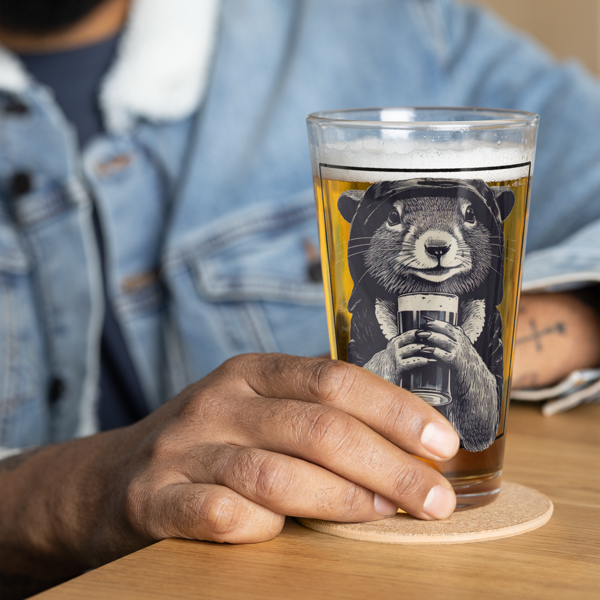rogue pint glass, RPG pint glass, D&D rogue drinkware, Rogue & Rye barware, fantasy shaker glass, tabletop gaming glassware, 16 oz rogue glass, squirrel rogue glass, gamer pint glass, mischief drinkware